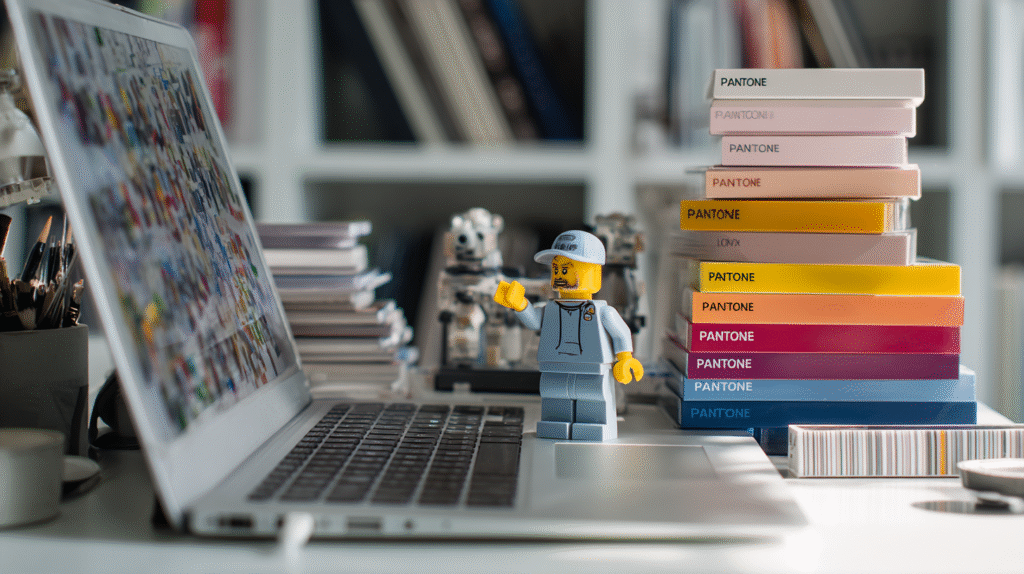 Desk scene with laptop soft-proofing display, Pantone books stacked nearby, a LEGO-style minifig standing on the laptop and pointing at its screen