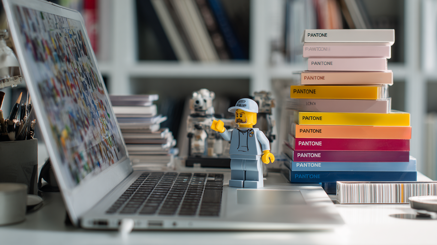 Desk scene with laptop soft-proofing display, Pantone books stacked nearby, a LEGO-style minifig standing on the laptop and pointing at its screen
