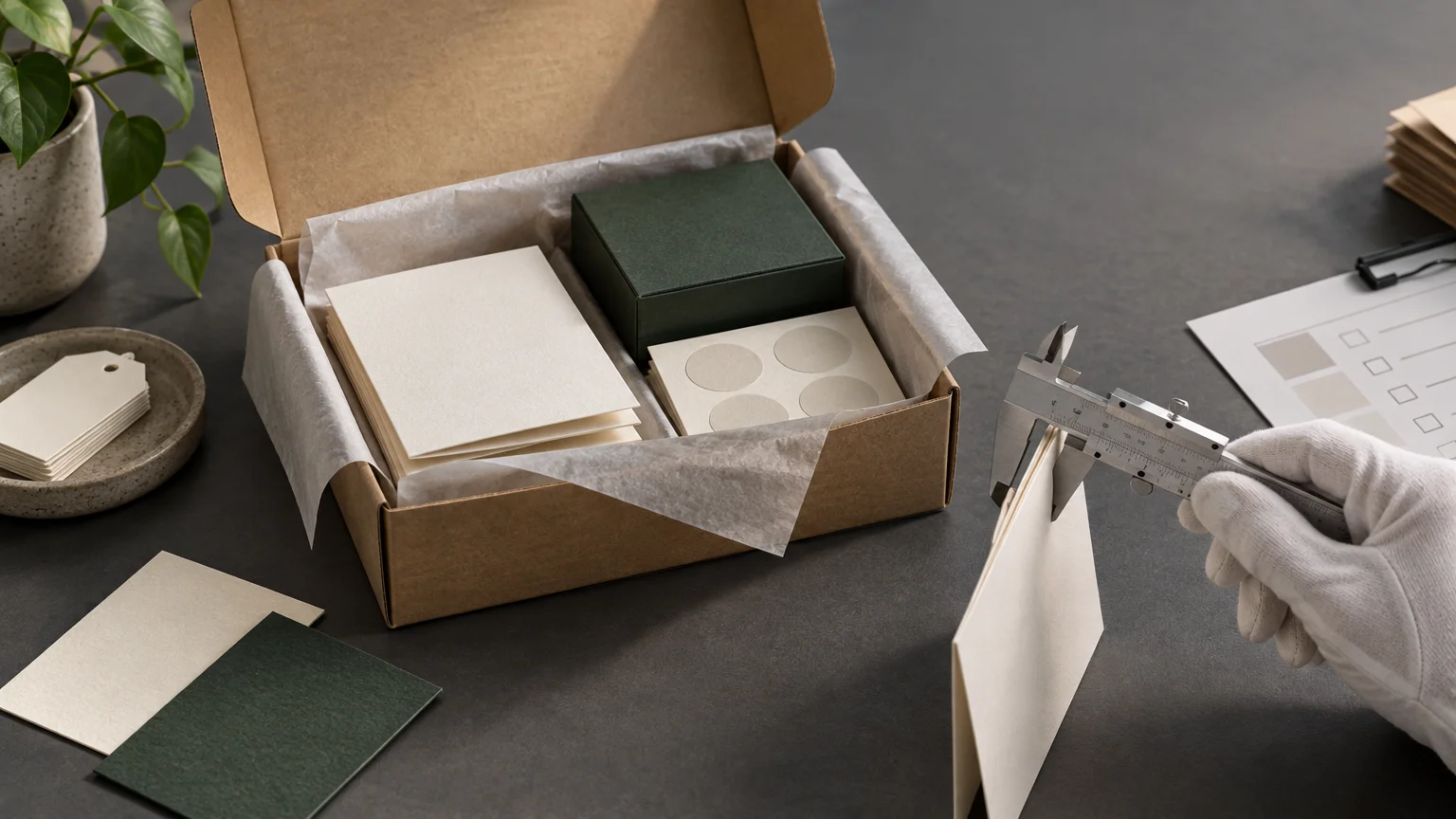 Open kraft mailer box with tissue paper, blank cards, circular stickers, a dark green carton, and a gloved hand using calipers to measure a folded paper sample on a dark work surface.