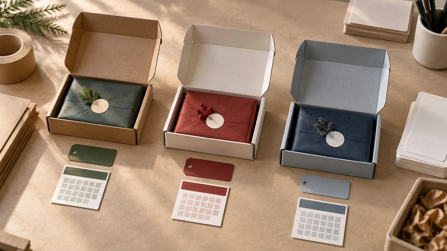 Three open gift boxes with green, red, and blue wrapped packages, matching blank tags, and small calendar-like cards arranged on a sunlit worktable.