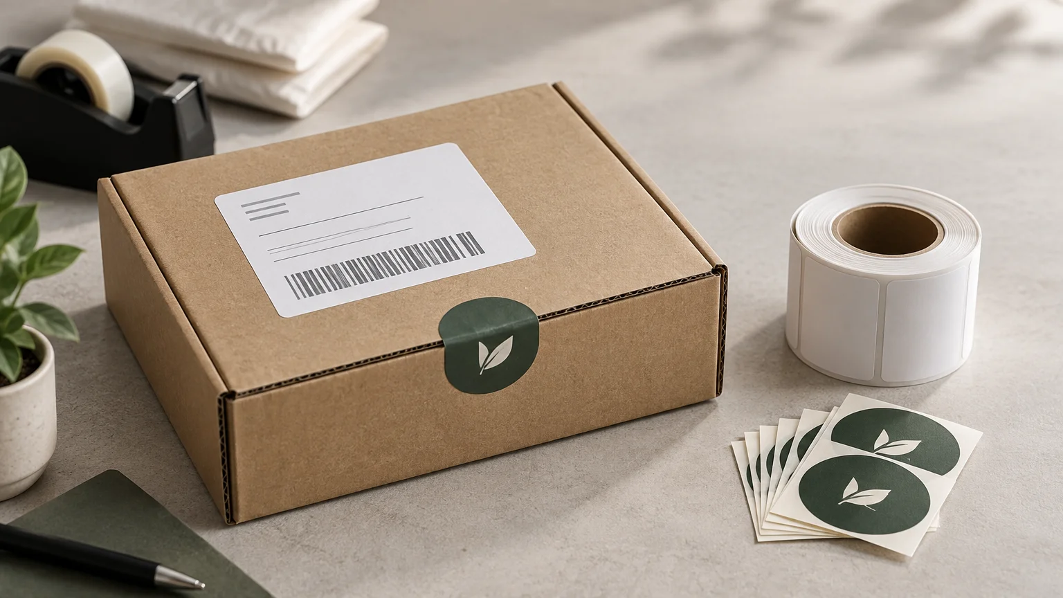 Studio photograph of a brown corrugated shipping box with a white barcode label and a dark green leaf-emblem sealing sticker, beside a roll of blank white labels and a small stack of matching leaf stickers.