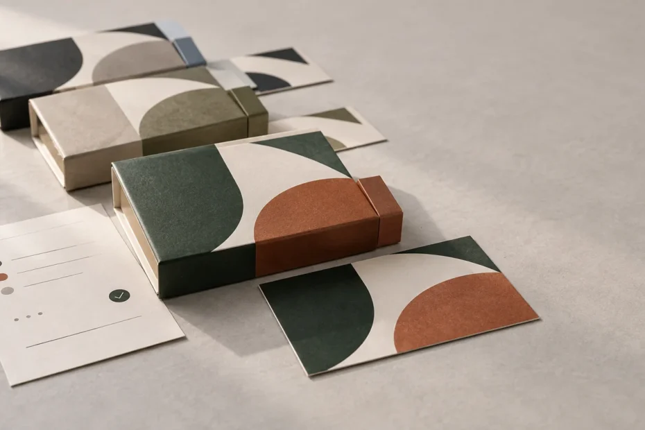 Close view of coordinated paperboard boxes, folded sleeves, and flat printed cards with large green, cream, and rust semicircle graphics on a pale tabletop.