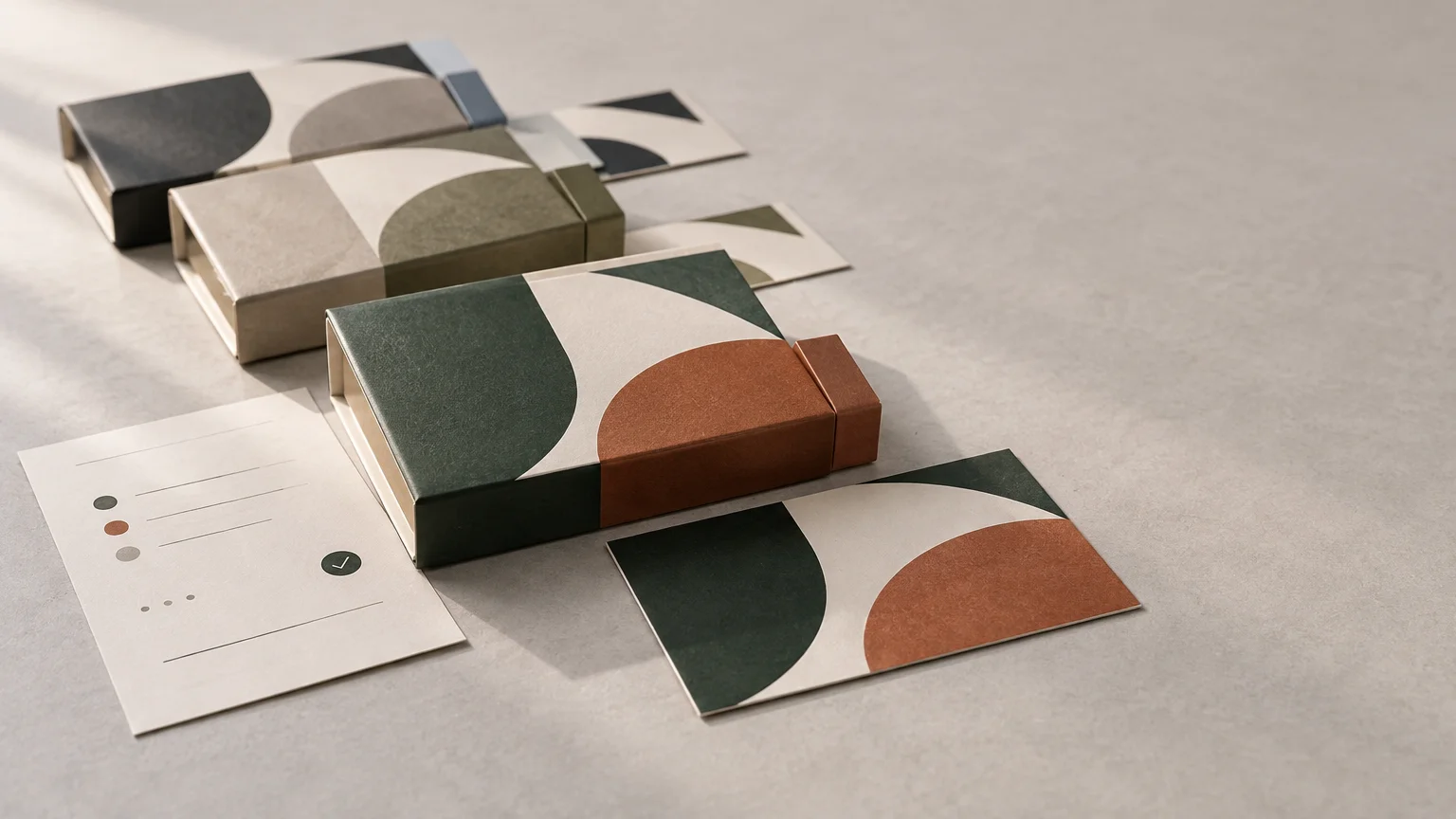 Close view of coordinated paperboard boxes, folded sleeves, and flat printed cards with large green, cream, and rust semicircle graphics on a pale tabletop.