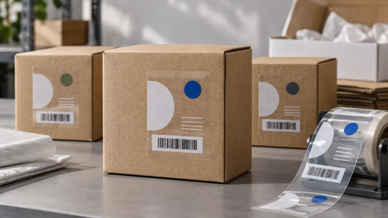 Clear labels with white graphic shapes, colored dots, and barcode-like markings applied to kraft shipping boxes, beside a roll of labels on a dispenser.