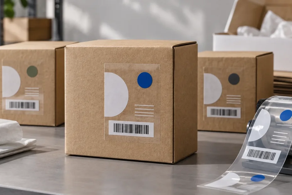Clear labels with white graphic shapes, colored dots, and barcode-like markings applied to kraft shipping boxes, beside a roll of labels on a dispenser.