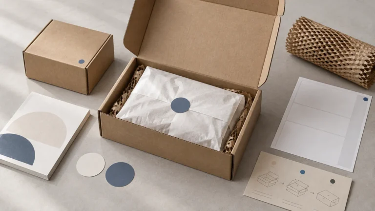 Open kraft cardboard mailer box with a tissue-wrapped item, honeycomb paper cushioning, blank labels, round stickers, and packaging instruction cards arranged on a neutral tabletop.
