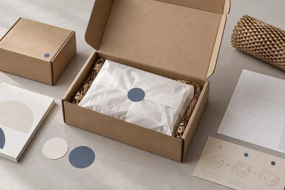 Open kraft cardboard mailer box with a tissue-wrapped item, honeycomb paper cushioning, blank labels, round stickers, and packaging instruction cards arranged on a neutral tabletop.