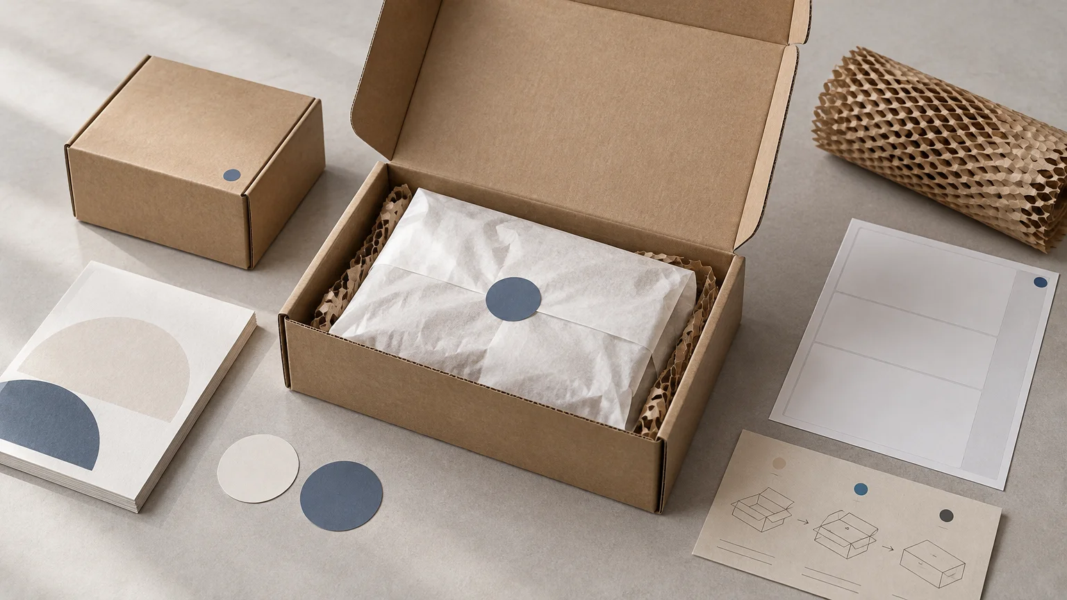 Open kraft cardboard mailer box with a tissue-wrapped item, honeycomb paper cushioning, blank labels, round stickers, and packaging instruction cards arranged on a neutral tabletop.