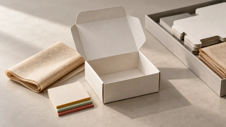 Open unbranded white folding carton surrounded by stacked flat carton blanks, brown paper sheets, and small colored paper swatches on a sunlit neutral surface.