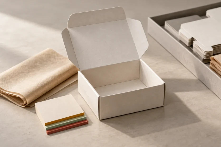 Open unbranded white folding carton surrounded by stacked flat carton blanks, brown paper sheets, and small colored paper swatches on a sunlit neutral surface.