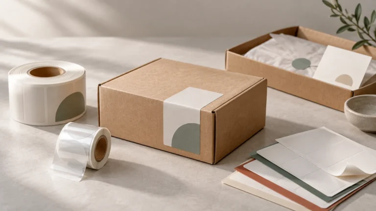 Studio scene of kraft shipping boxes, rolls and sheets of blank adhesive labels, and tissue paper arranged on a sunlit neutral surface, with simple muted geometric label designs.