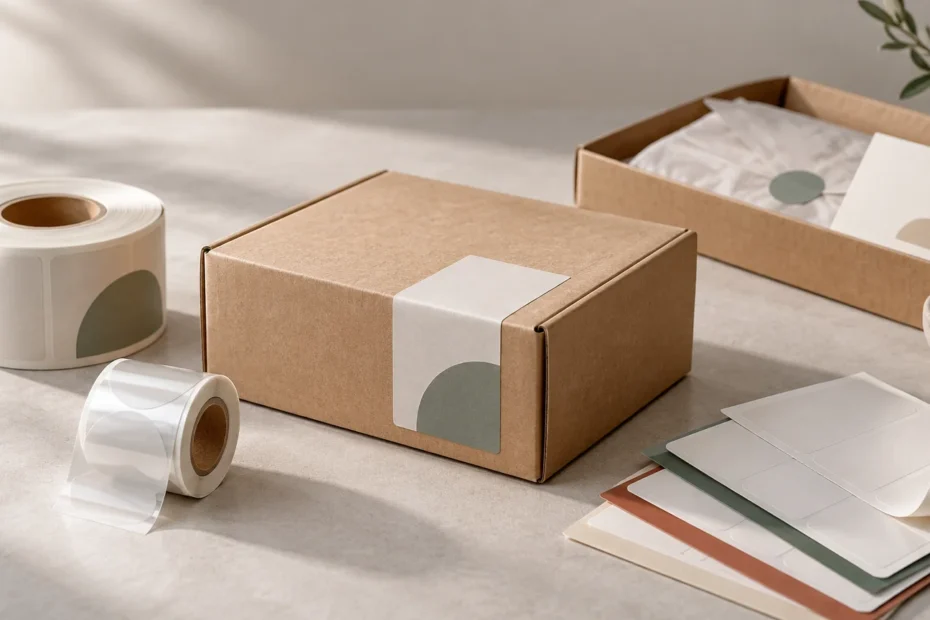 Studio scene of kraft shipping boxes, rolls and sheets of blank adhesive labels, and tissue paper arranged on a sunlit neutral surface, with simple muted geometric label designs.