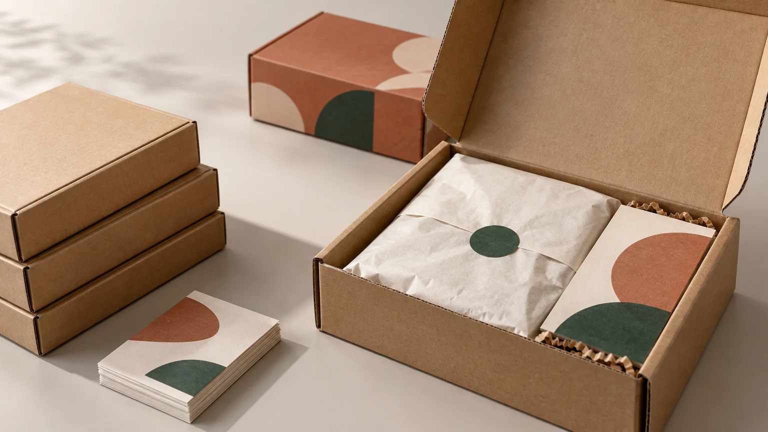 Open kraft corrugated mailer with white tissue paper and a green circular seal, surrounded by stacked plain boxes and matching abstract-patterned inserts in rust, cream, and dark green.