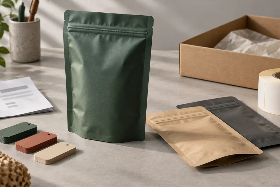Studio tabletop scene with an upright dark green stand-up pouch, flat kraft and black pouches, blank label rolls, colored hang tags, paperwork, and an open cardboard shipping box with tissue paper.