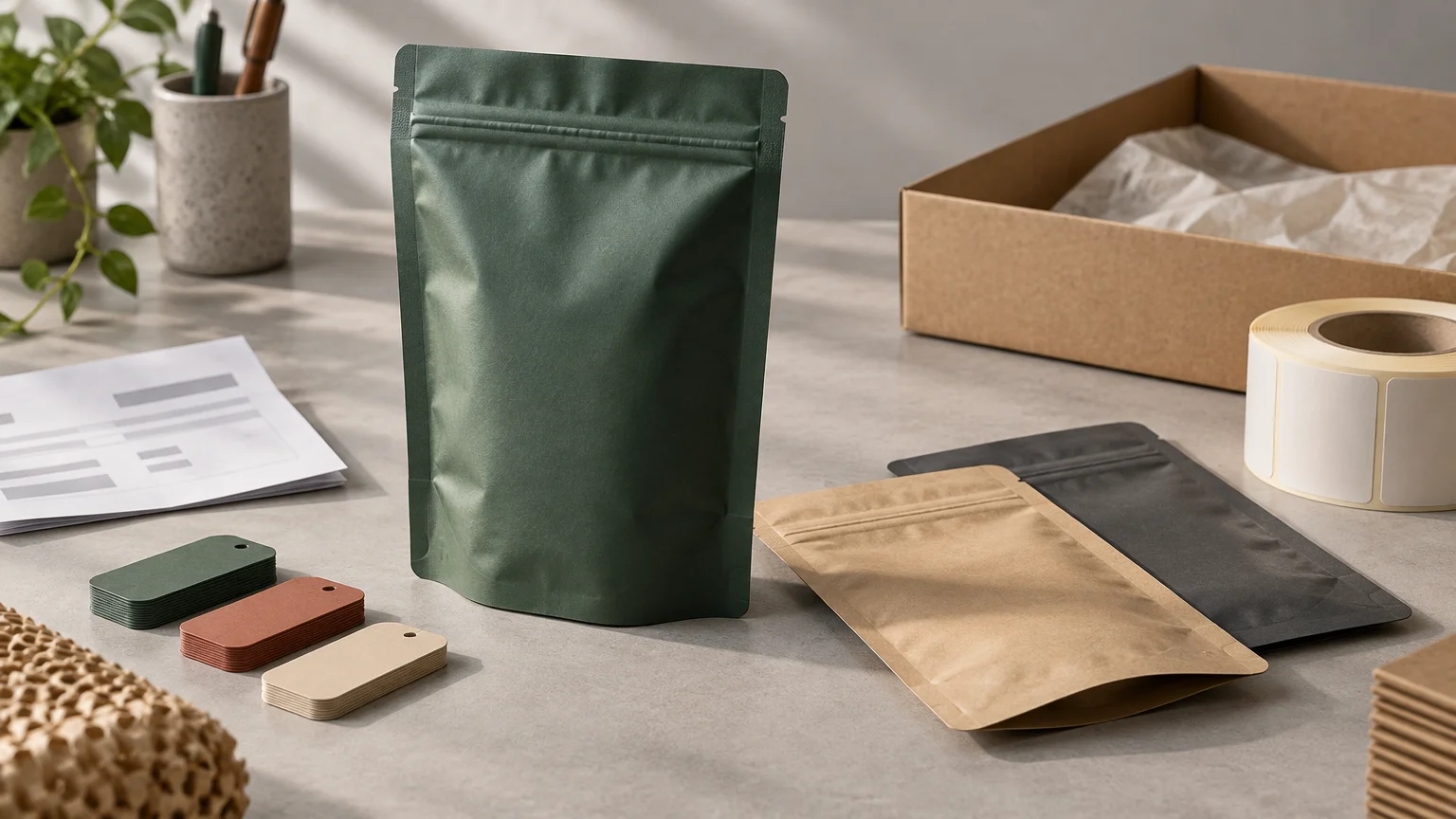 Studio tabletop scene with an upright dark green stand-up pouch, flat kraft and black pouches, blank label rolls, colored hang tags, paperwork, and an open cardboard shipping box with tissue paper.