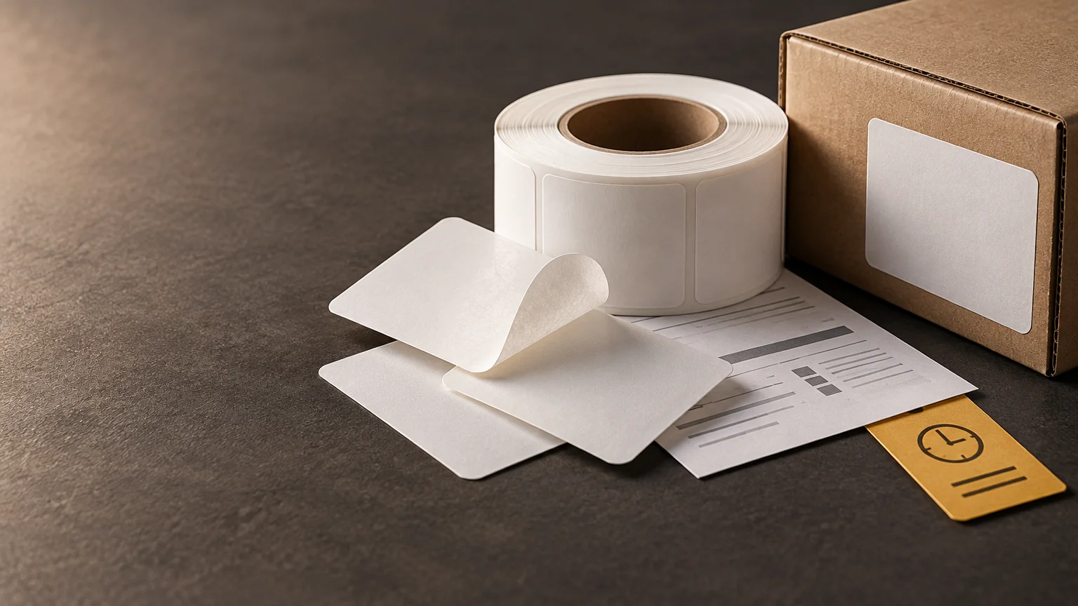 Roll of blank white adhesive labels beside a cardboard shipping box with a large blank label, loose peeled labels, and a shipping-form-style sheet on a dark textured surface.
