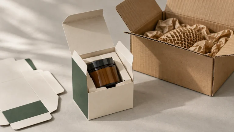 Open white-and-green retail carton holding an amber jar in a fitted paper insert beside an open corrugated shipping box filled with crumpled kraft paper and honeycomb wrap.