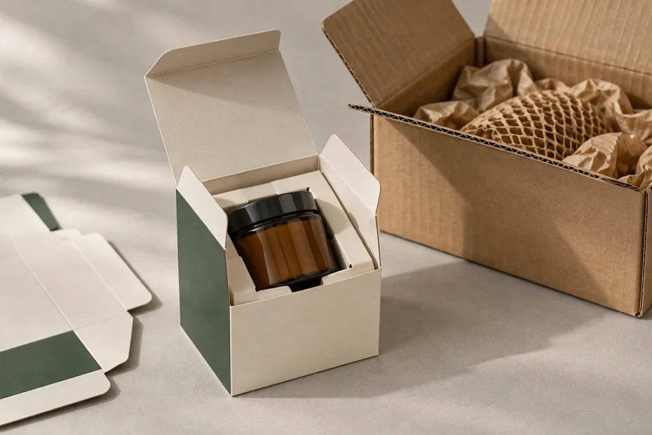 Open white-and-green retail carton holding an amber jar in a fitted paper insert beside an open corrugated shipping box filled with crumpled kraft paper and honeycomb wrap.