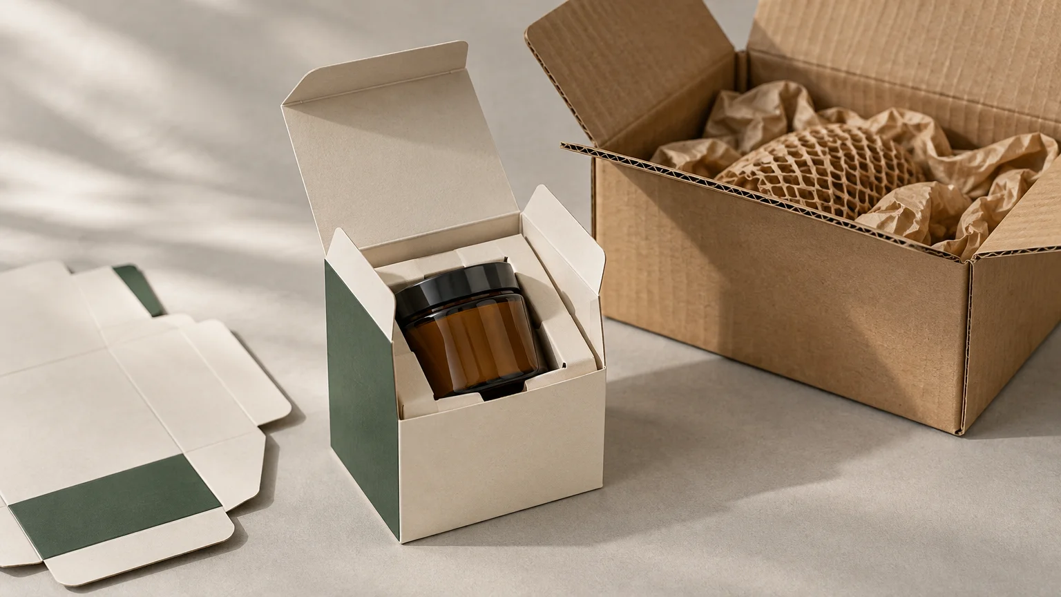 Open white-and-green retail carton holding an amber jar in a fitted paper insert beside an open corrugated shipping box filled with crumpled kraft paper and honeycomb wrap.