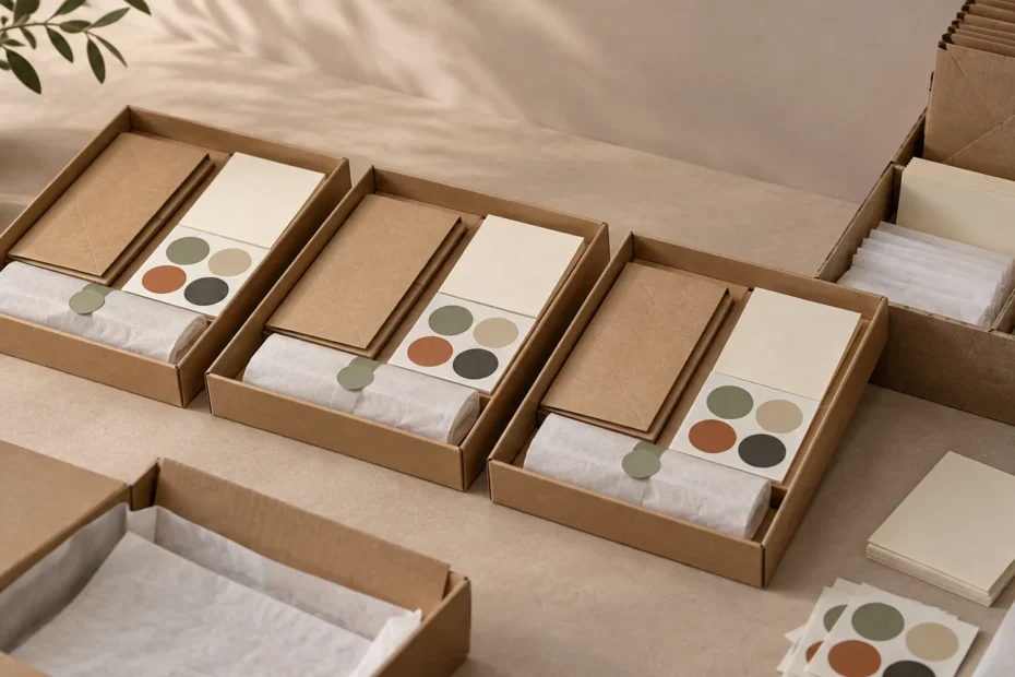 Warmly lit overhead studio scene of three open kraft-paper gift boxes, each packed with a folded brown envelope, a blank cream card with colored circle stickers, and a tissue-wrapped item; additional boxes, paper sleeves, and stationery supplies surround them on a beige work surface.