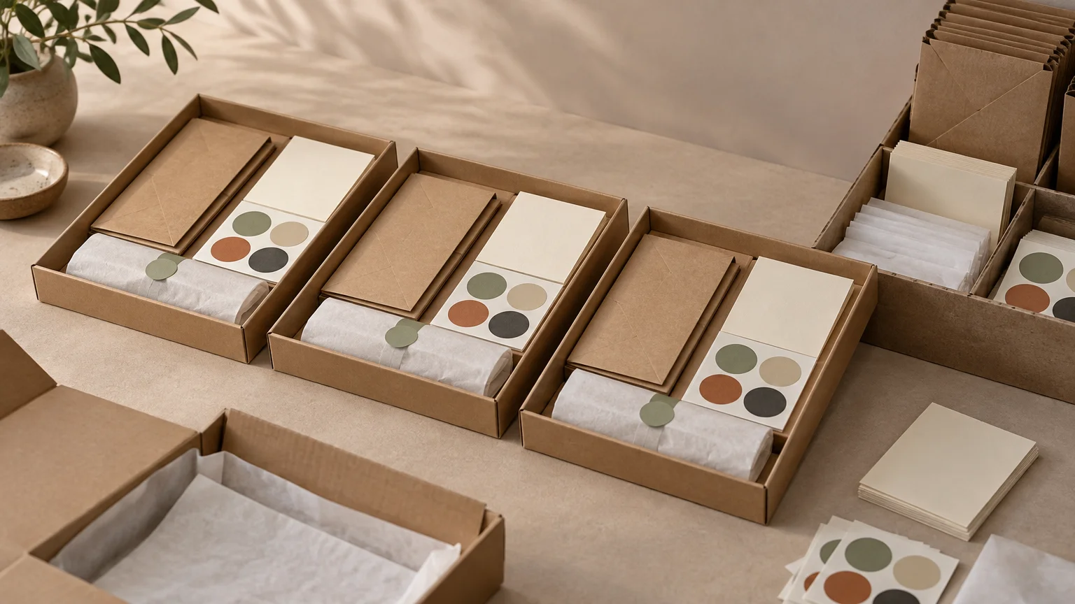 Warmly lit overhead studio scene of three open kraft-paper gift boxes, each packed with a folded brown envelope, a blank cream card with colored circle stickers, and a tissue-wrapped item; additional boxes, paper sleeves, and stationery supplies surround them on a beige work surface.